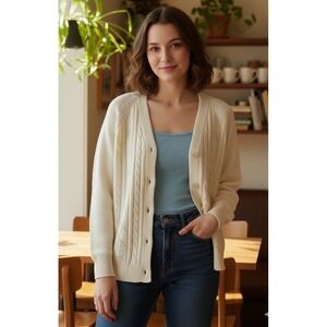 VTG Miss Holly Acrylic Yellow Cardigan Cable Knit Lightweight Minimalist Size 36